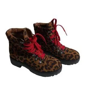 Leopard and Brown Leather Ankle Boots with Red Laces New Women main image 3